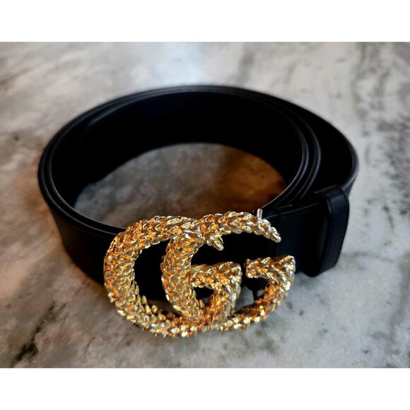 Gucci Black Leather Belt With Double G Marmont Snakeskin Gold Buckle & Box Size - Picture 1 of 10